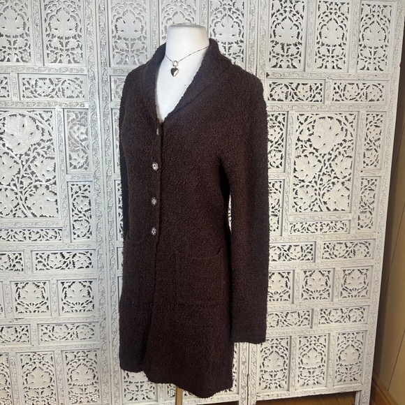 Chocolate Brown Fuzzy Boho Retro Button Up Long Line Cardigan Sz Medium/Large - Picture 5 of 7